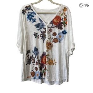 Chico's Lightweight Henley Roll Tab Sleeve Floral V Neck Top XL